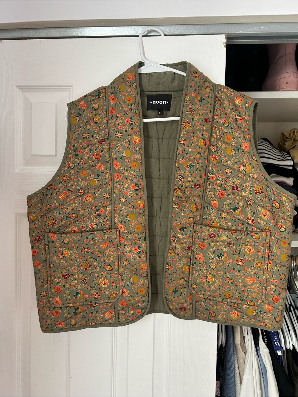 noon Floral Quilted Vest in Olive with Orange Accents